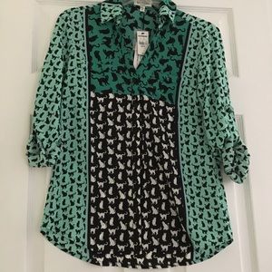 NWT EXPRESS CAT PRINT BLOUSE GREEN SIZE XS 😻